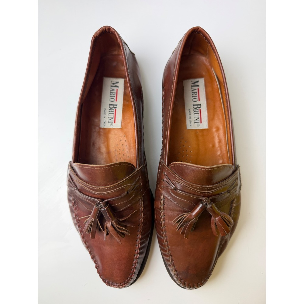 Mario Bruni Mens Brown Leather Tassel Loafers Made in Italy Size 8 M Dress Shoes